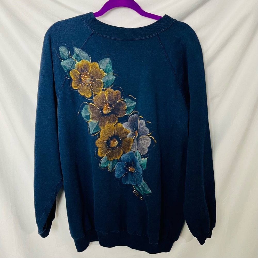 Vintage 90s Hanes Sweatshirt Mens 2XL Blue Floral Pullover‎ Made In USA